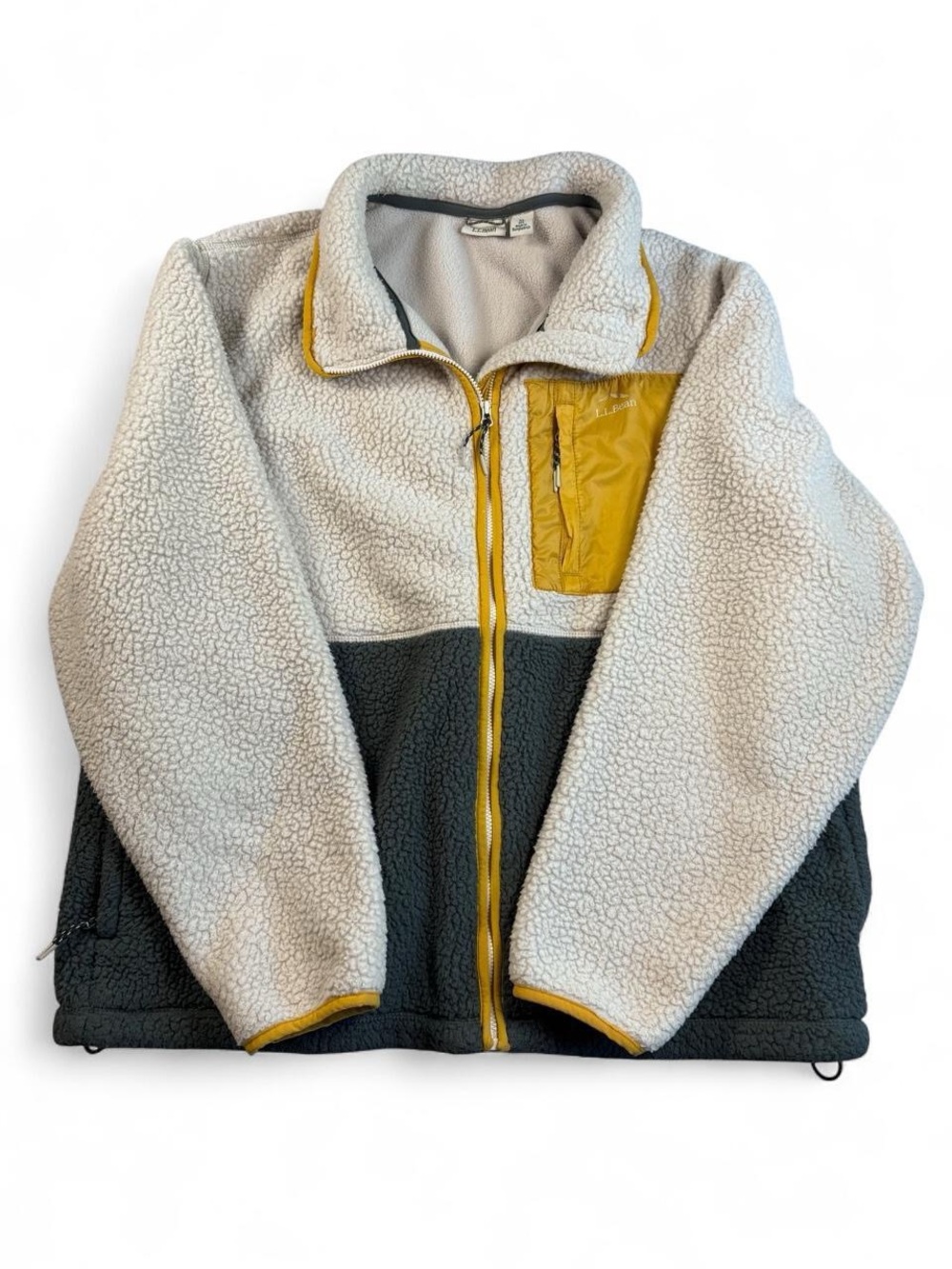 L.L. Bean Mountainside Colorblock Sherpa Jacket in Cream, Dark Green & Yellow
